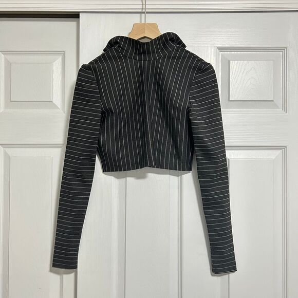 Torn by Ronny Kobo Sulan Mock Neck Crop Zipper Top Gray Pinstripe Long Sleeve - Picture 2 of 5